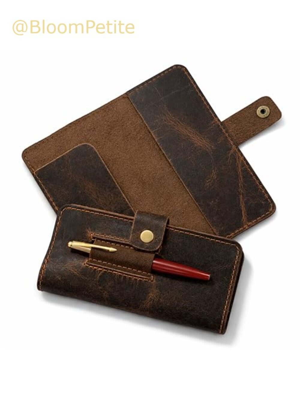 Full Grain Leather Checkbook Cover Pen Loop Slim Wallet Organizer